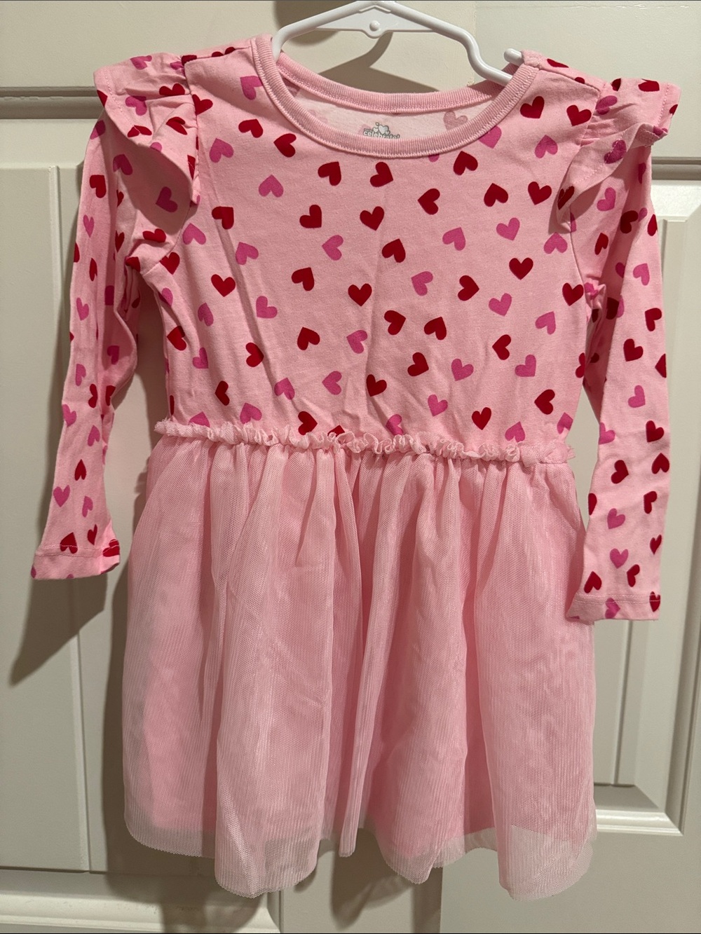 Pink Heart Print Long-Sleeve Tulle Dress for Girls